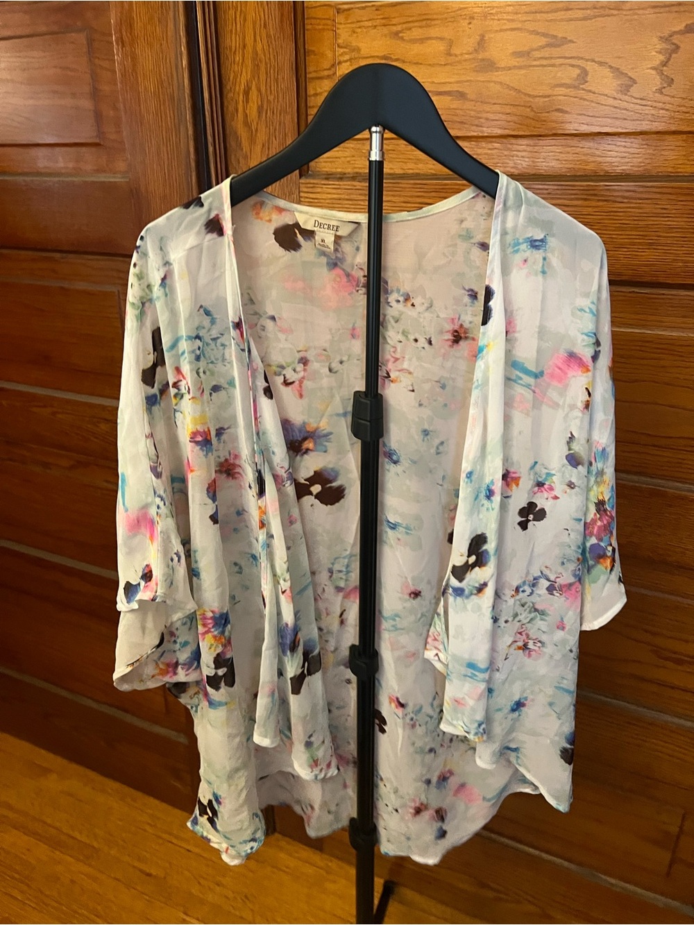 Decree Sheer White Floral Kimono Cardigan with Multicolor Accents